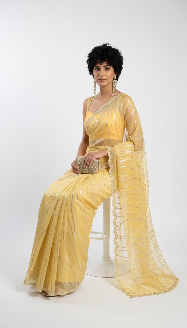 Yellow saree with pita work