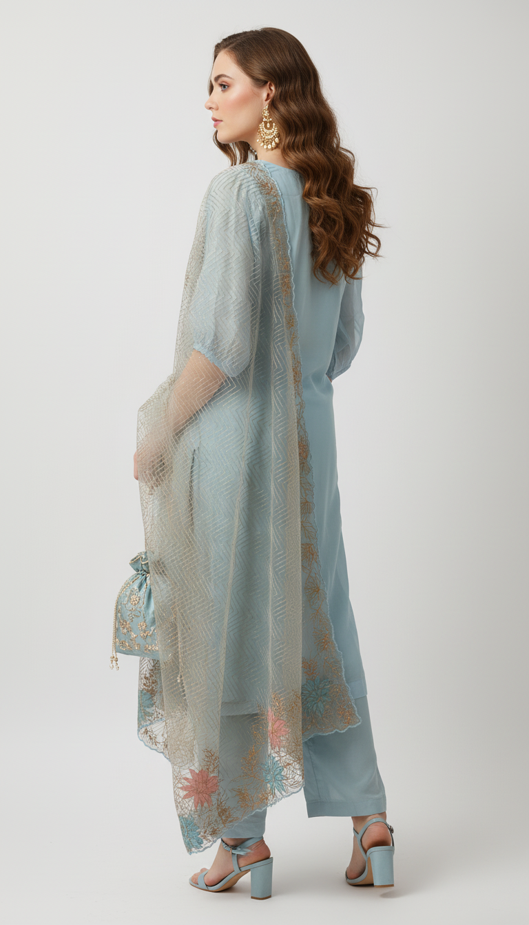 Powder Blue Organza Straight Suit Set With Golden Jaal dupatta