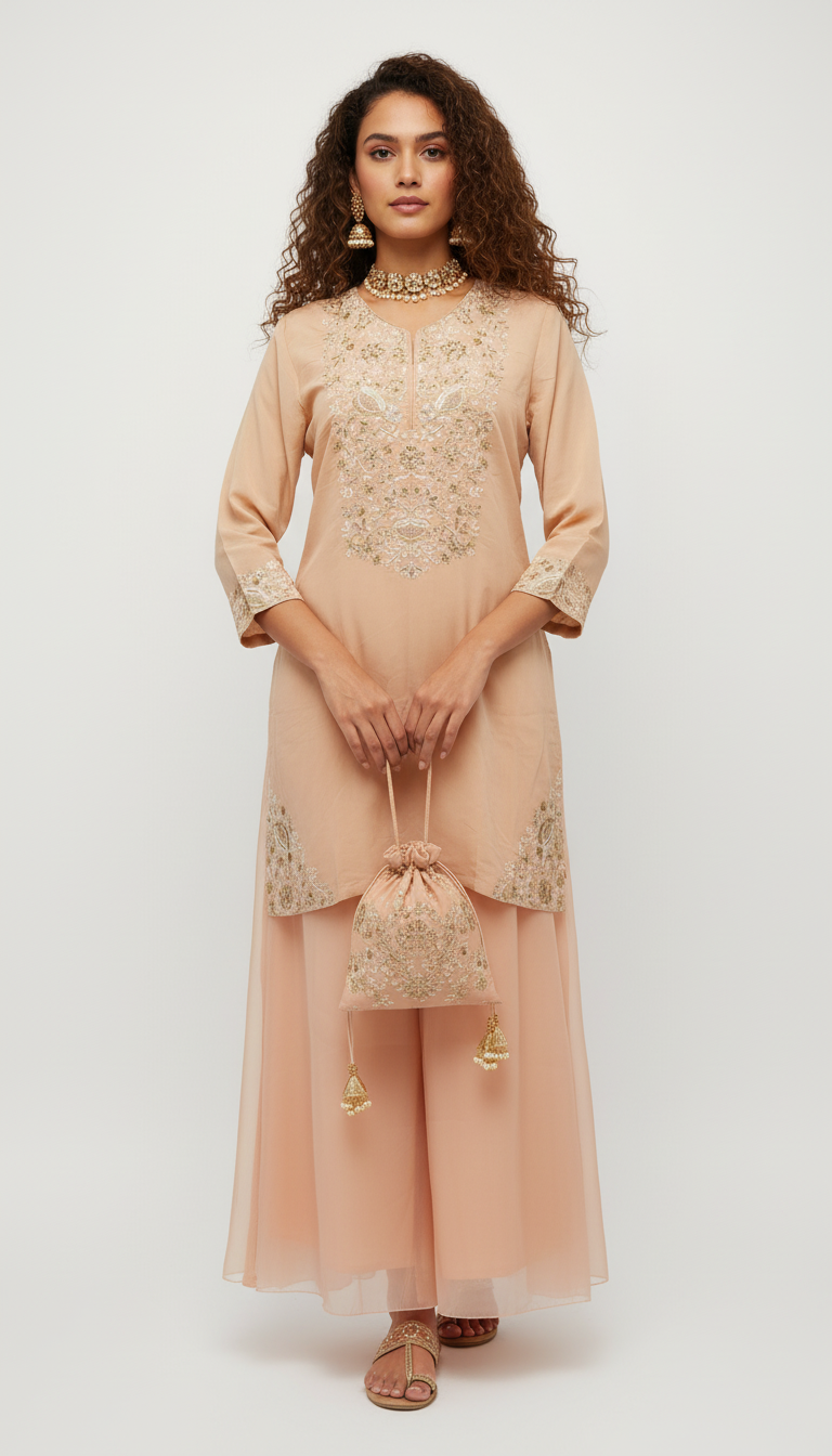 Peach Embroidered Palazzo Suit Set with Dupatta
