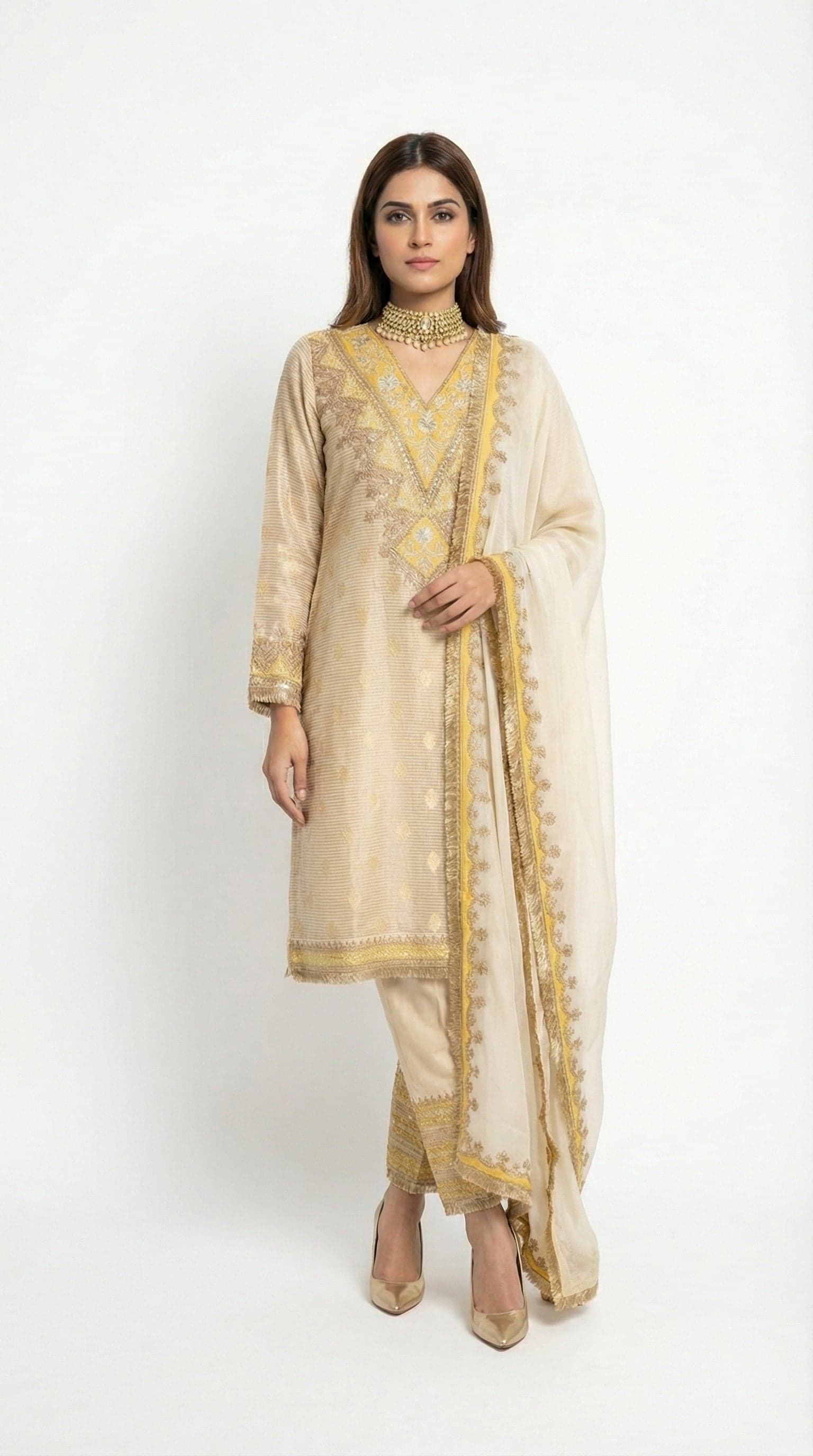 Champagne Gold Metallic Tissue Ensemble with Zari Embroidery in Floral / Geometric