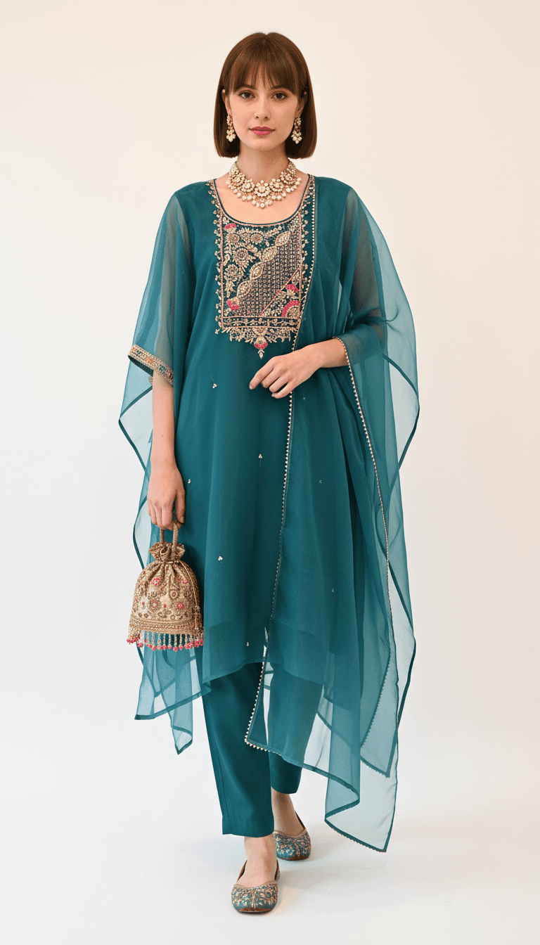 Teal Kaftan Kurti Set with Embroidered Pants & Dupatta in Geometric / Blue
