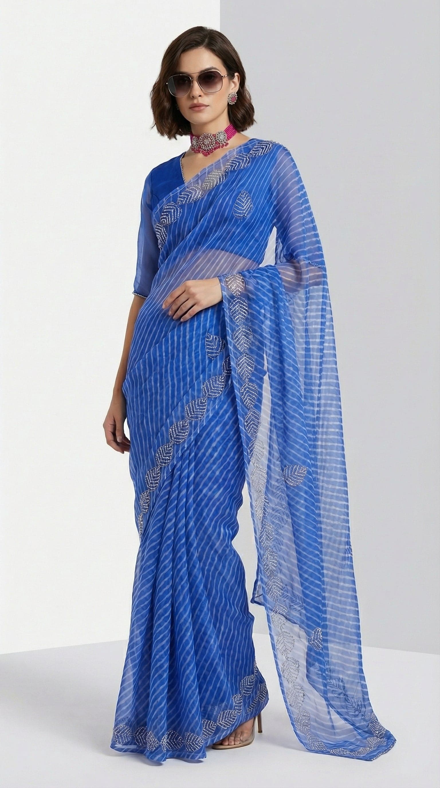 Royal Blue Sheer Organza Drape with Hand Embroidered Metallic Leaf Motifs in Striped