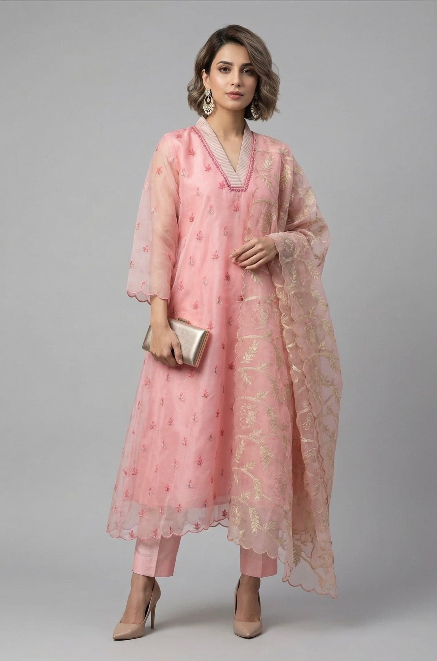Rose Blush Embroidered Chanderi Kurta Set with Scalloped Dupatta in Floral