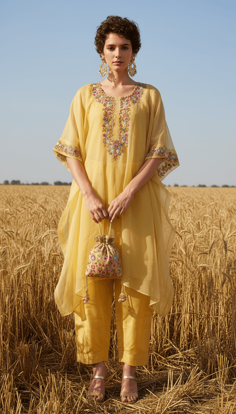 Yellow Hand Embroidered Kaftan Kurti & Straight Pant Set in Floral / Multicolor