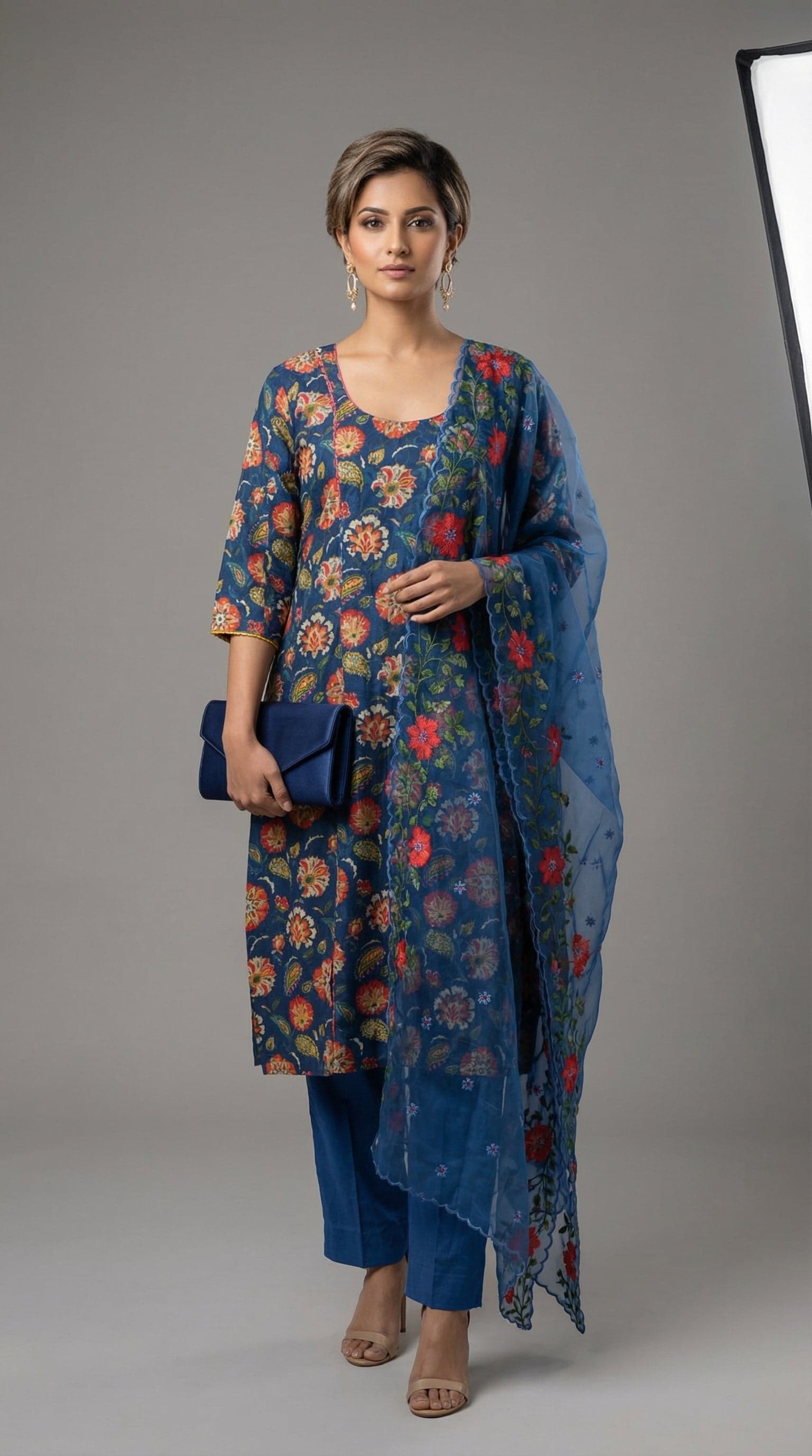 Midnight Garden Chanderi Digital Print Kurta Set With Hand Embroidered Dupatta in Floral / Blue