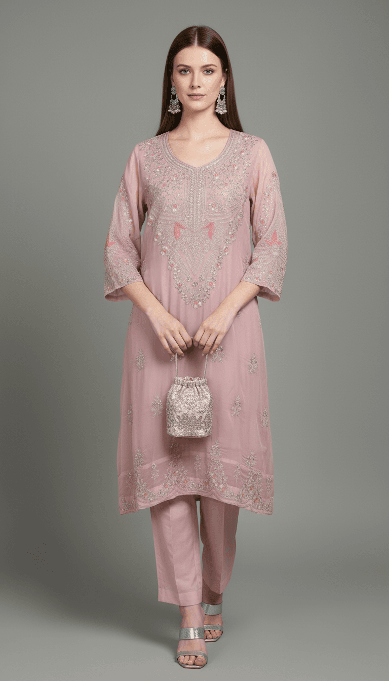 Festive Rose Pink Shimmer Suit Set with Intricate Embroidery in Floral / Pink