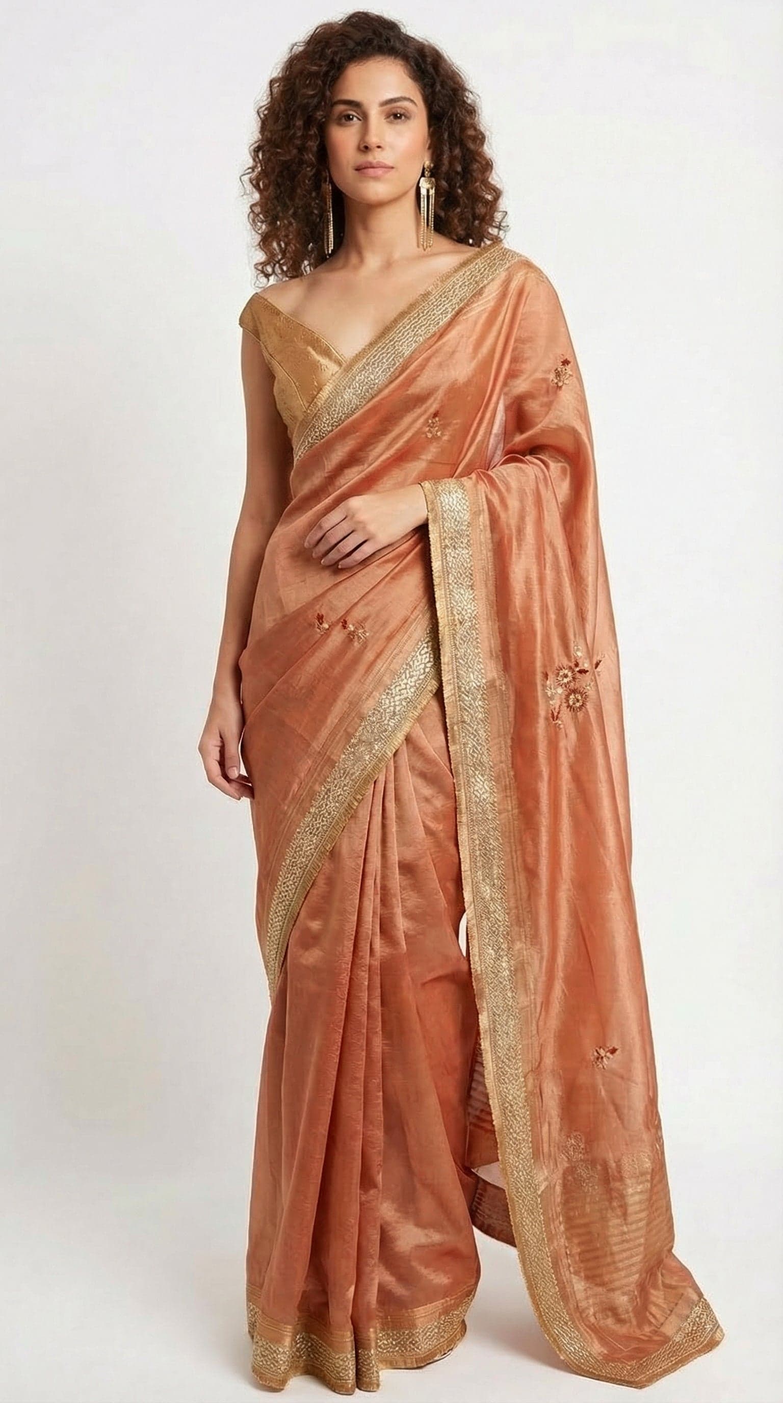 Bronze Metallic Viscose Saree with Intricate Golden Lace Border in Floral