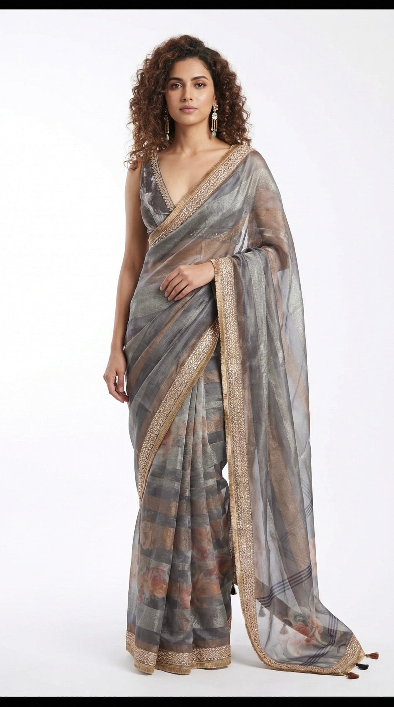 Midnight Gilded Tissue Saree with Floral Digital Accents in Striped
