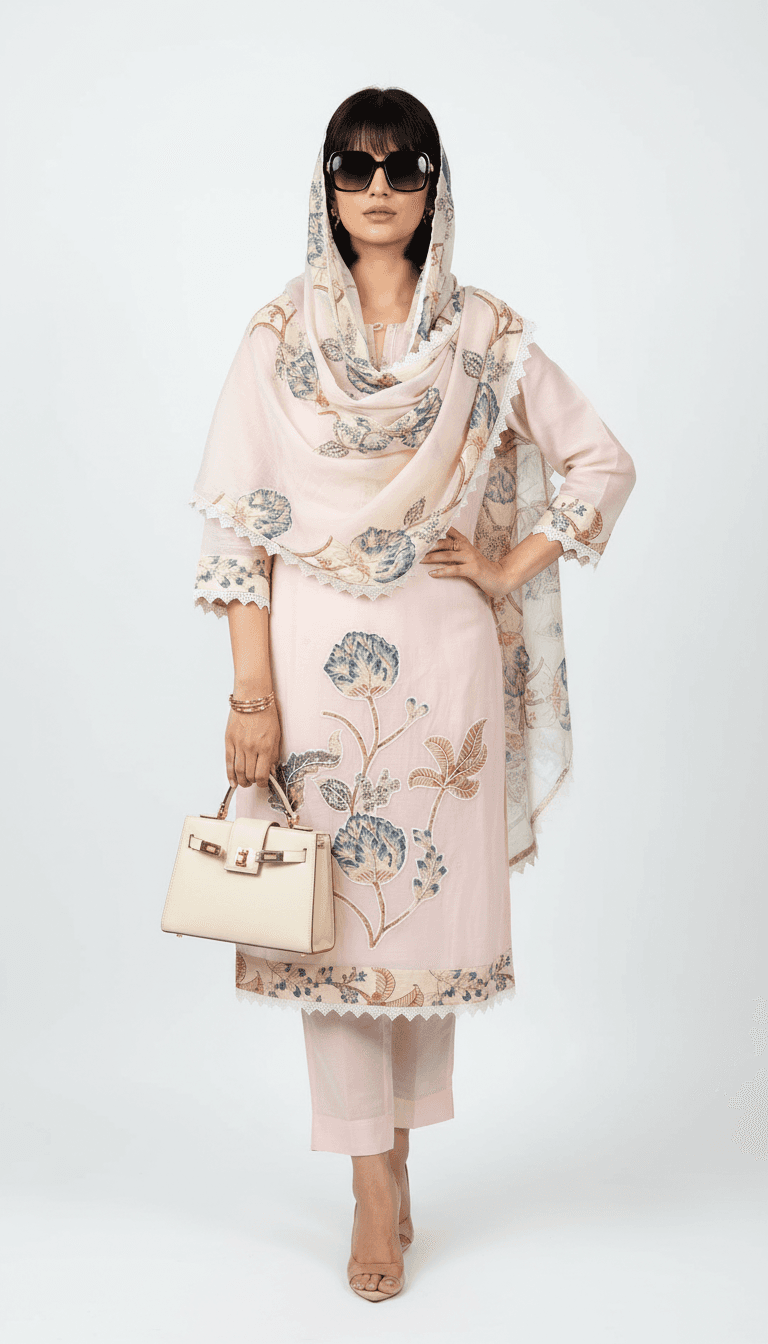 Peach Kota Suit with Appliqué and Lace Work