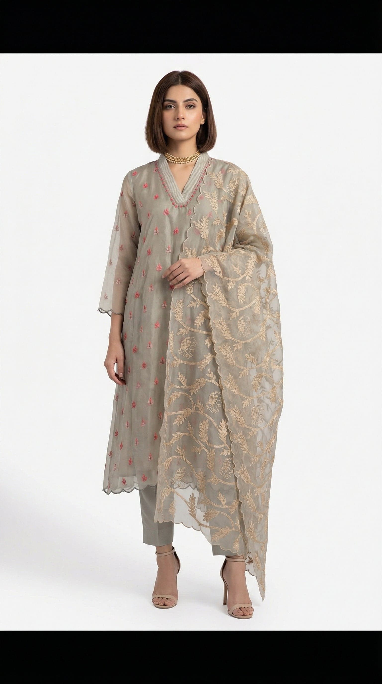 Ash Grey Chanderi Embroidered Kurta Set with Scalloped Organza Dupatta in Floral