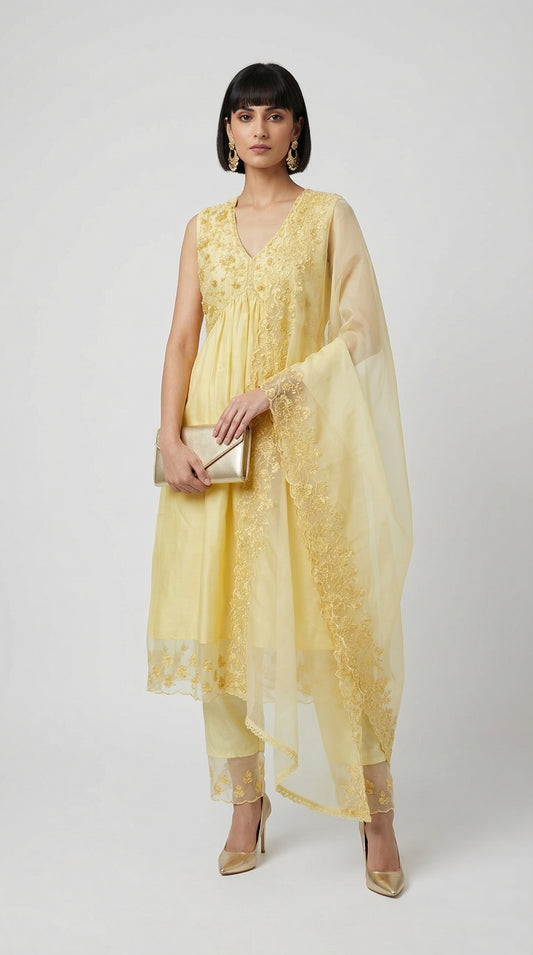 Lemon Glow Chanderi Kurta Set with Sheer Dupatta