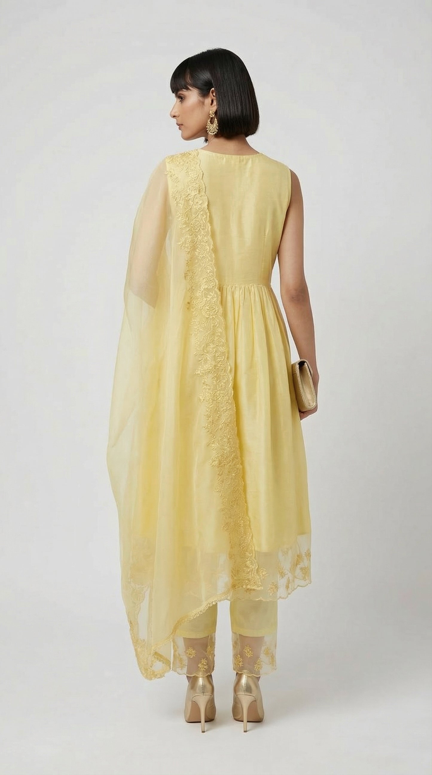 Lemon Glow Chanderi Kurta Set with Sheer Dupatta