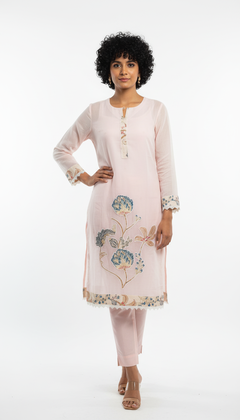 Peach kota suit with applique work and lace work