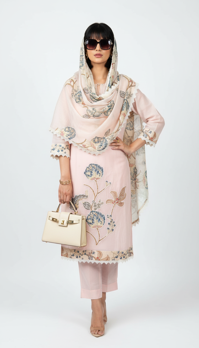 Peach kota suit with applique work and lace work