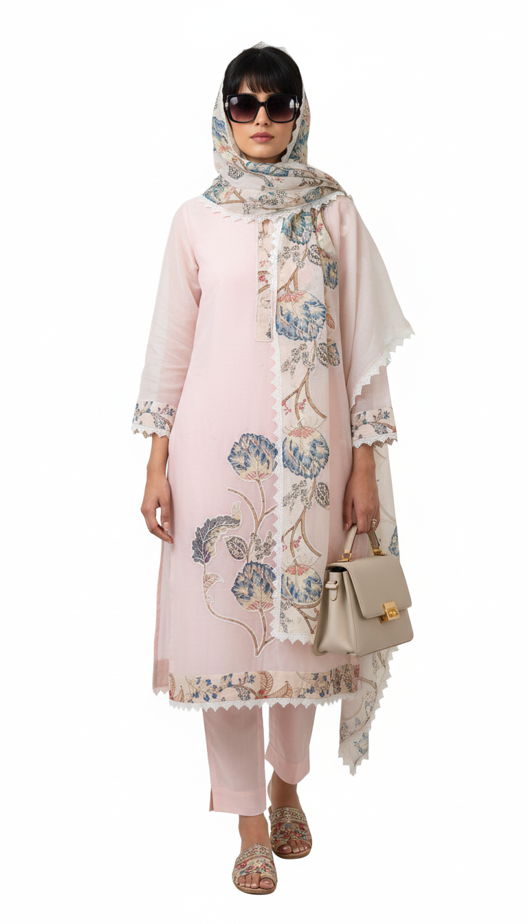 Peach kota suit with applique work and lace work
