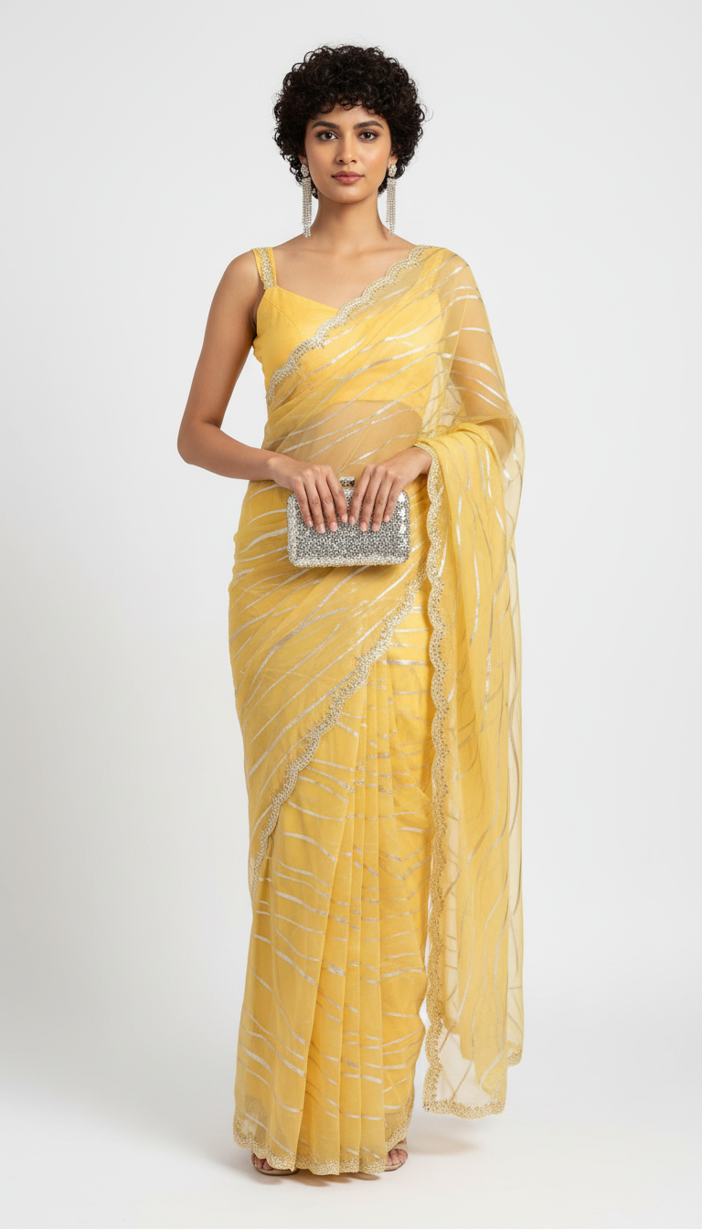 Yellow saree with pita work