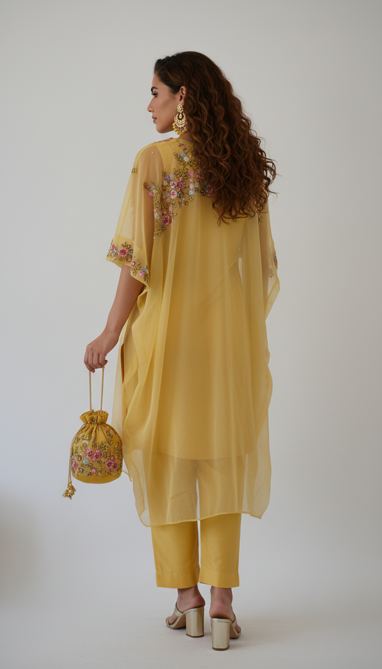 Yellow Hand Embroidered Kaftan Kurti & Straight Pant Set