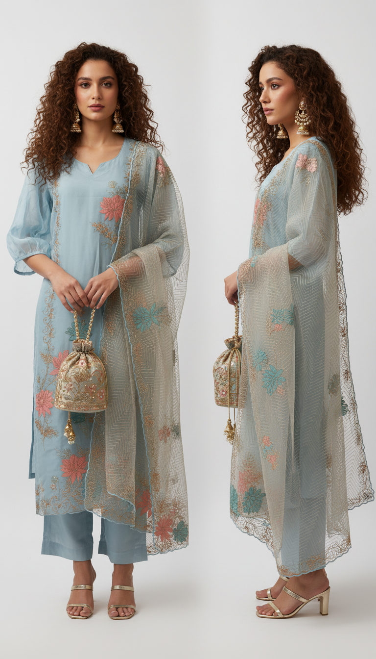 Powder Blue Organza Straight Suit Set With Golden Jaal dupatta