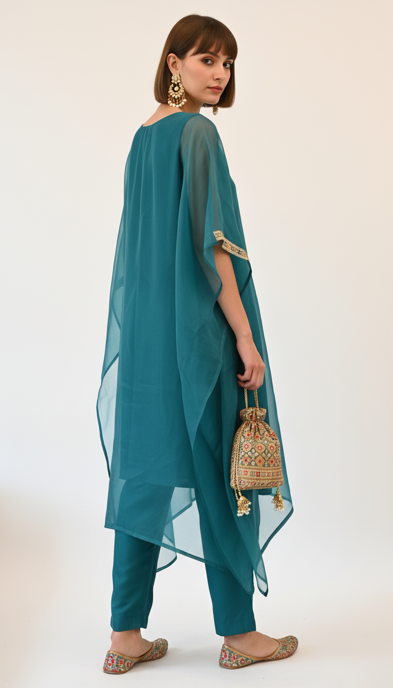 Teal Kaftan Kurti Set with Embroidered Pants & Dupatta