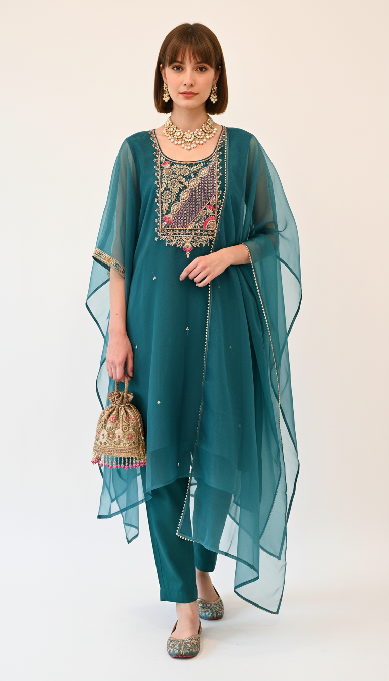 Teal Kaftan Kurti Set with Embroidered Pants & Dupatta