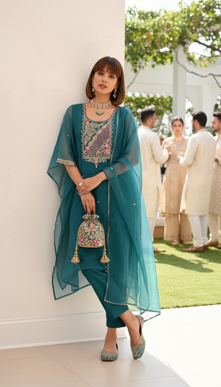 Teal Kaftan Kurti Set with Embroidered Pants & Dupatta