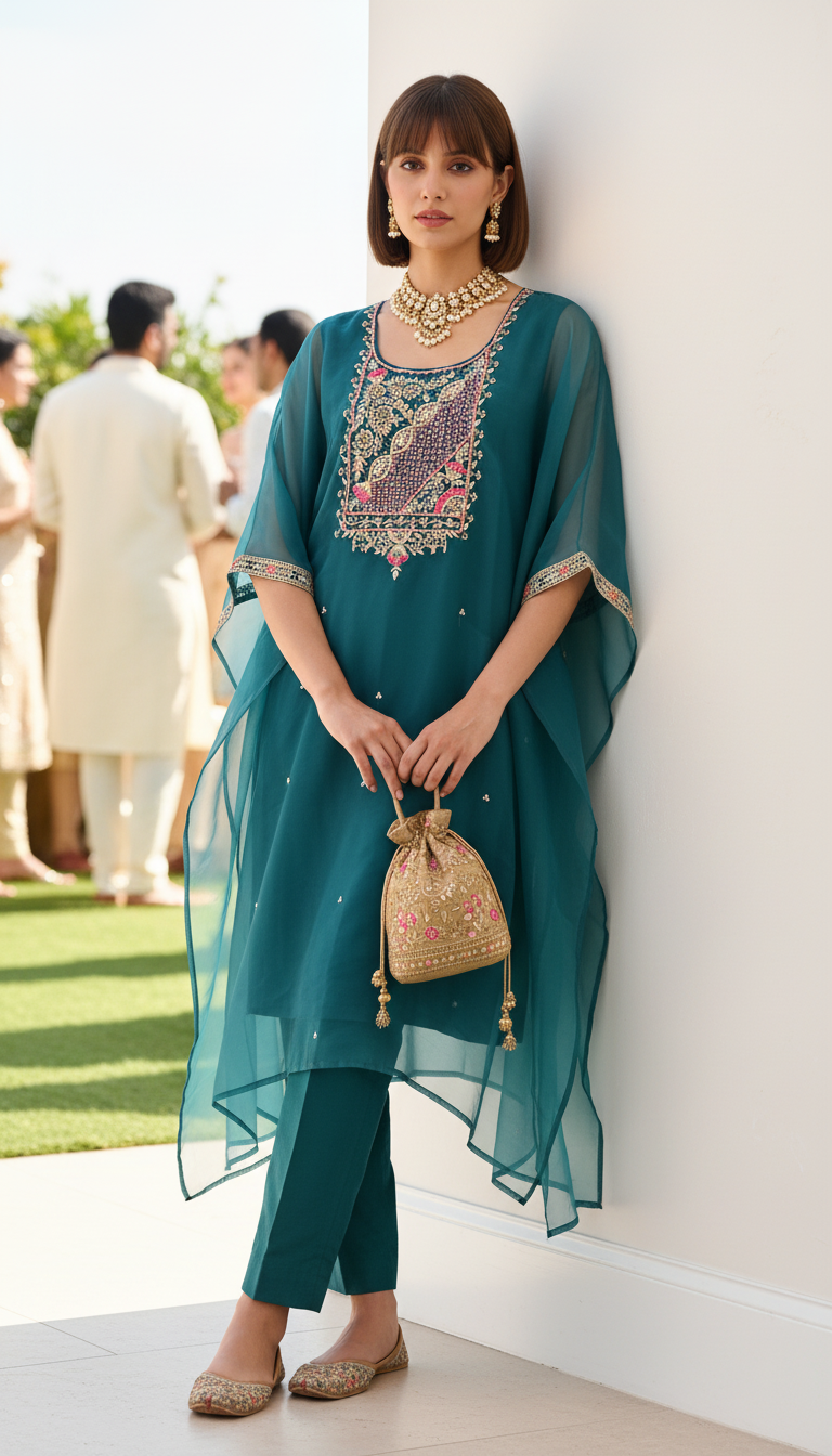 Teal Kaftan Kurti Set with Embroidered Pants & Dupatta