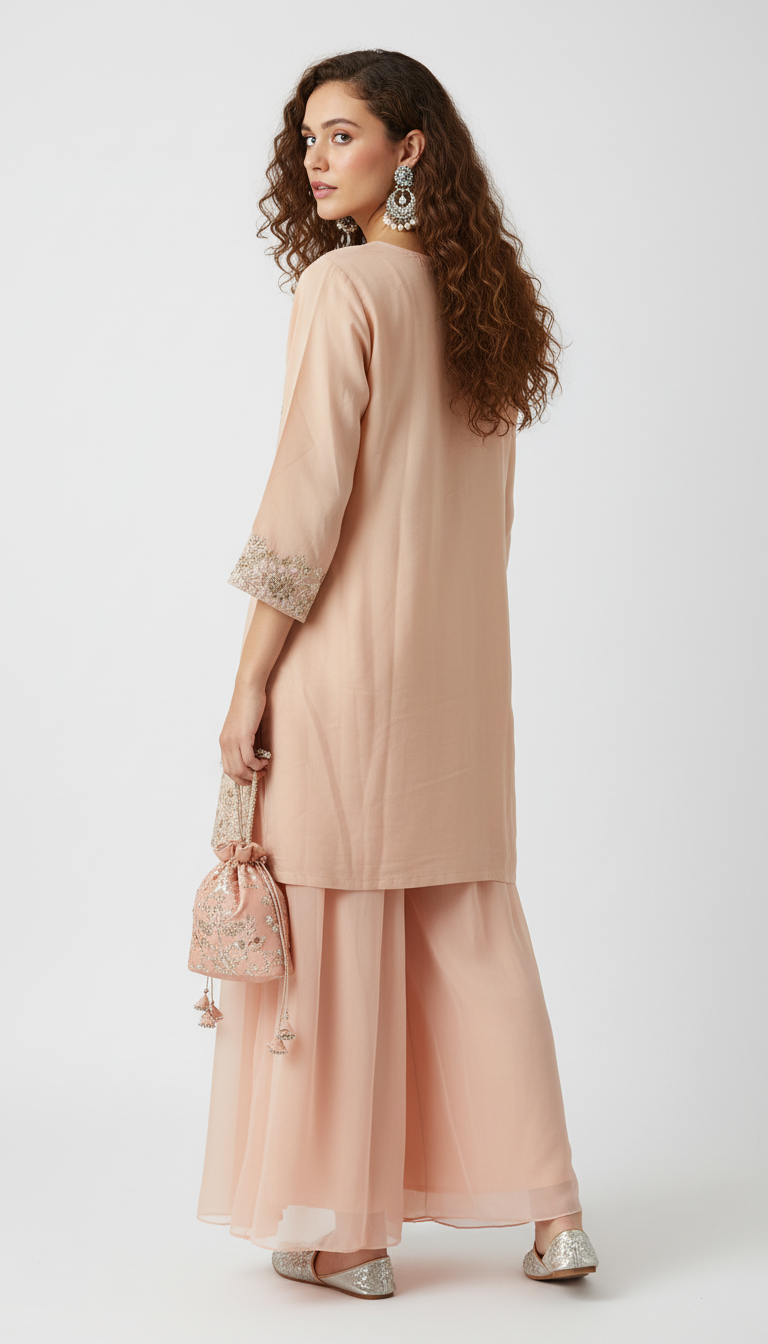 Peach Embroidered Palazzo Suit Set with Dupatta