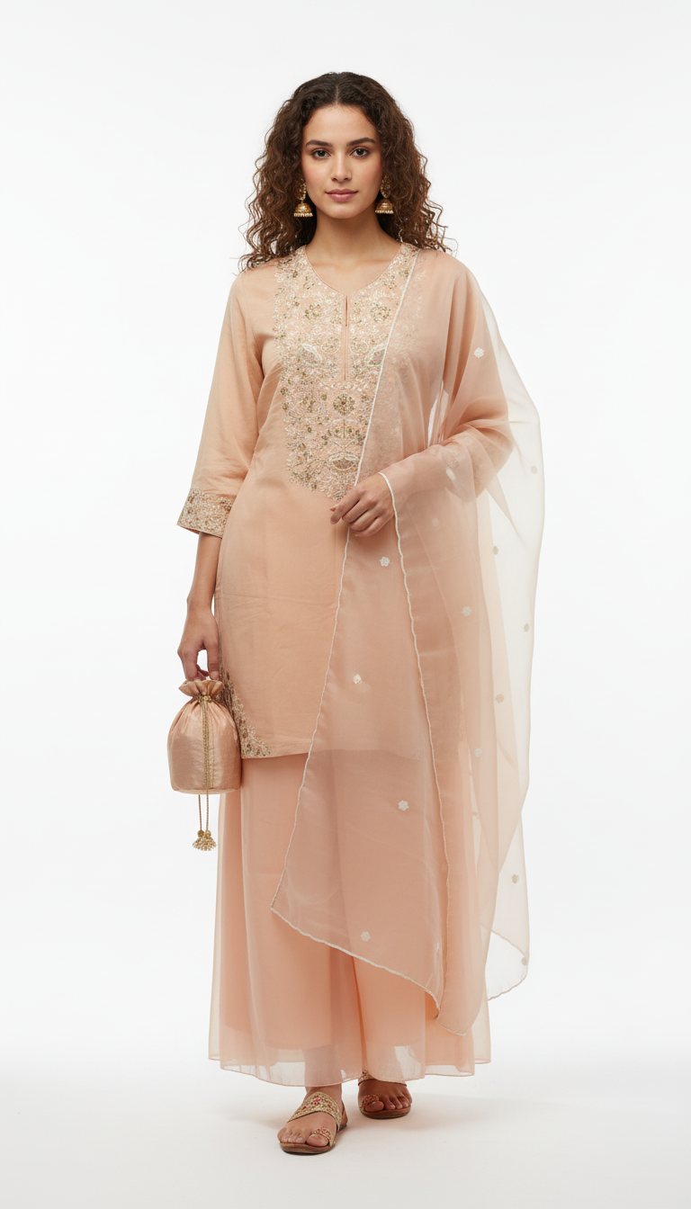Peach Embroidered Palazzo Suit Set with Dupatta