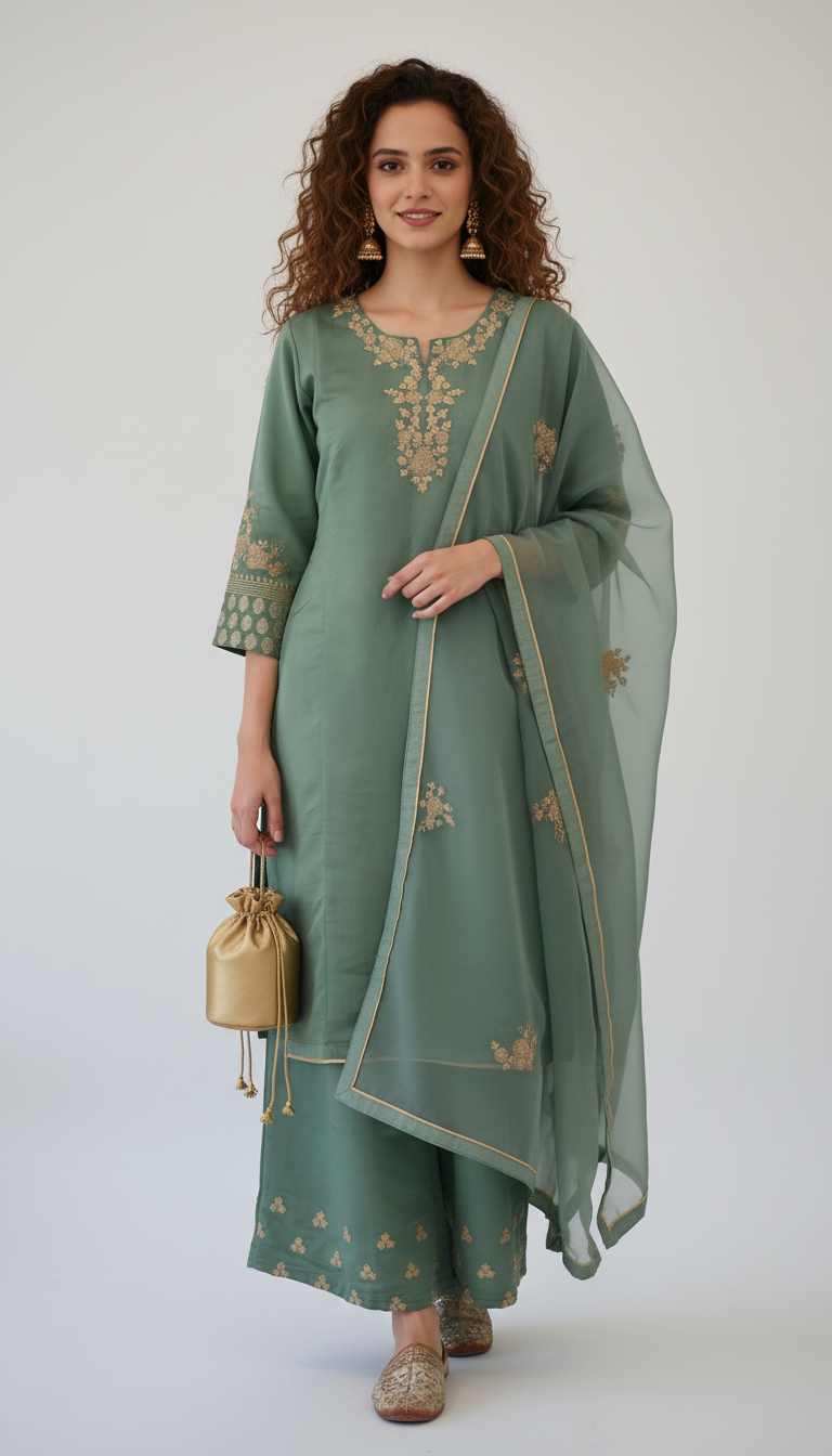 Sage Green & Gold Embroidered Palazzo Suit Set