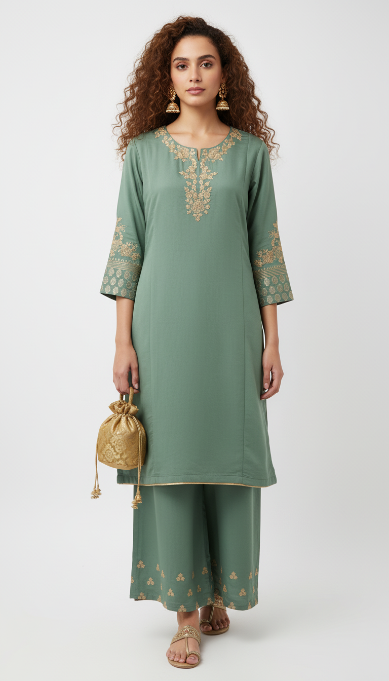 Sage Green & Gold Embroidered Palazzo Suit Set