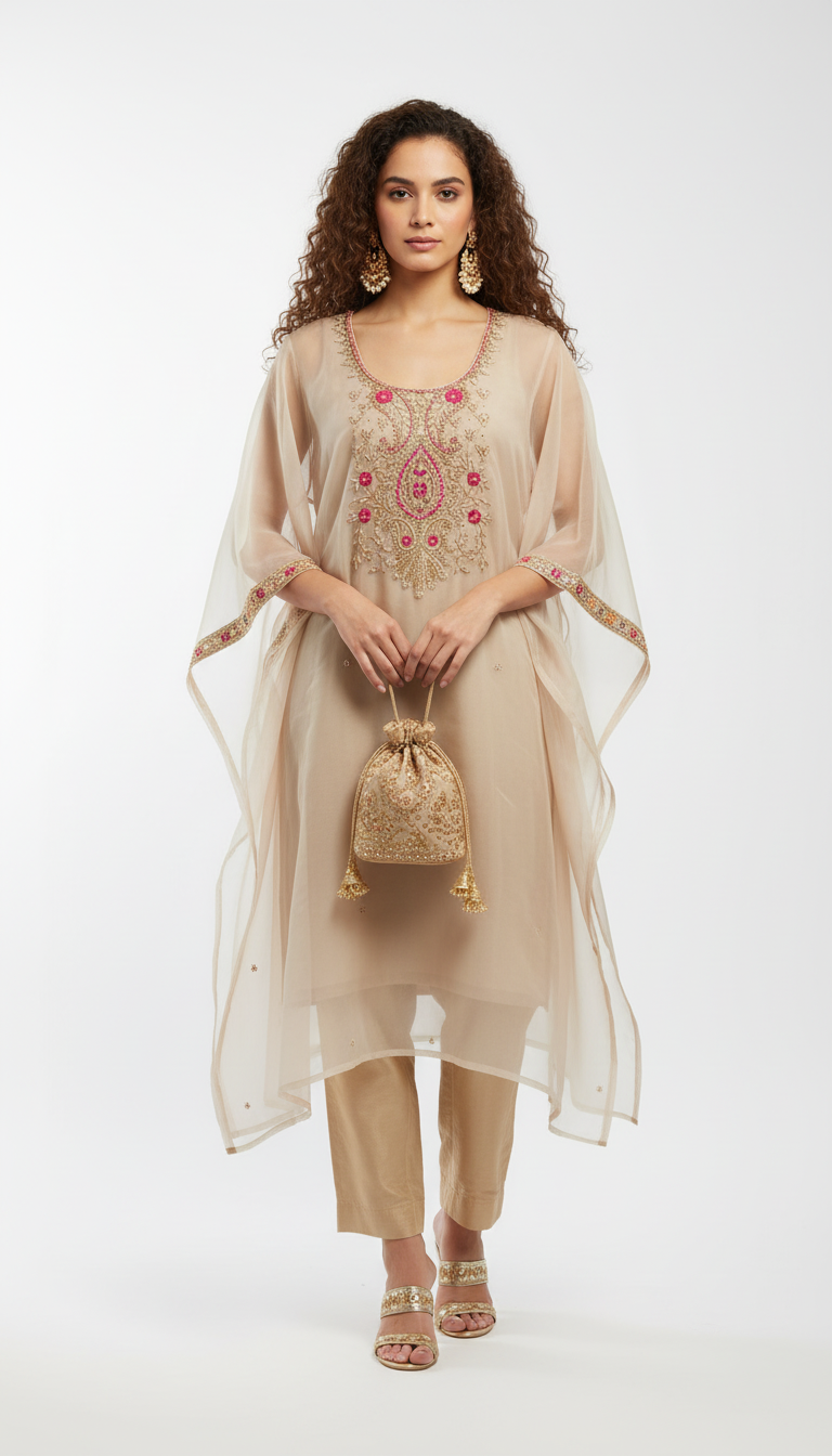 Champagne  Hand embroidered Kaftan Set with Straight Pants and Dupatta