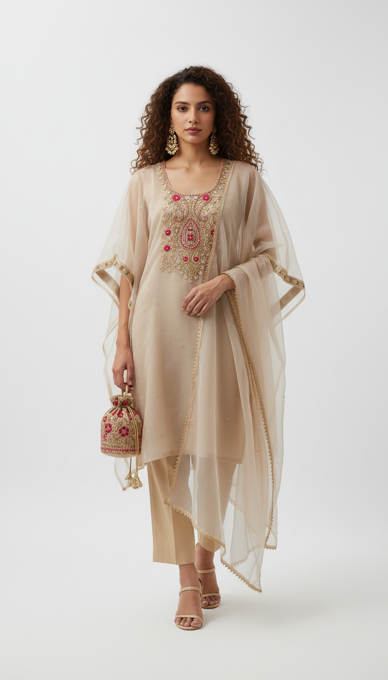 Champagne  Hand embroidered Kaftan Set with Straight Pants and Dupatta