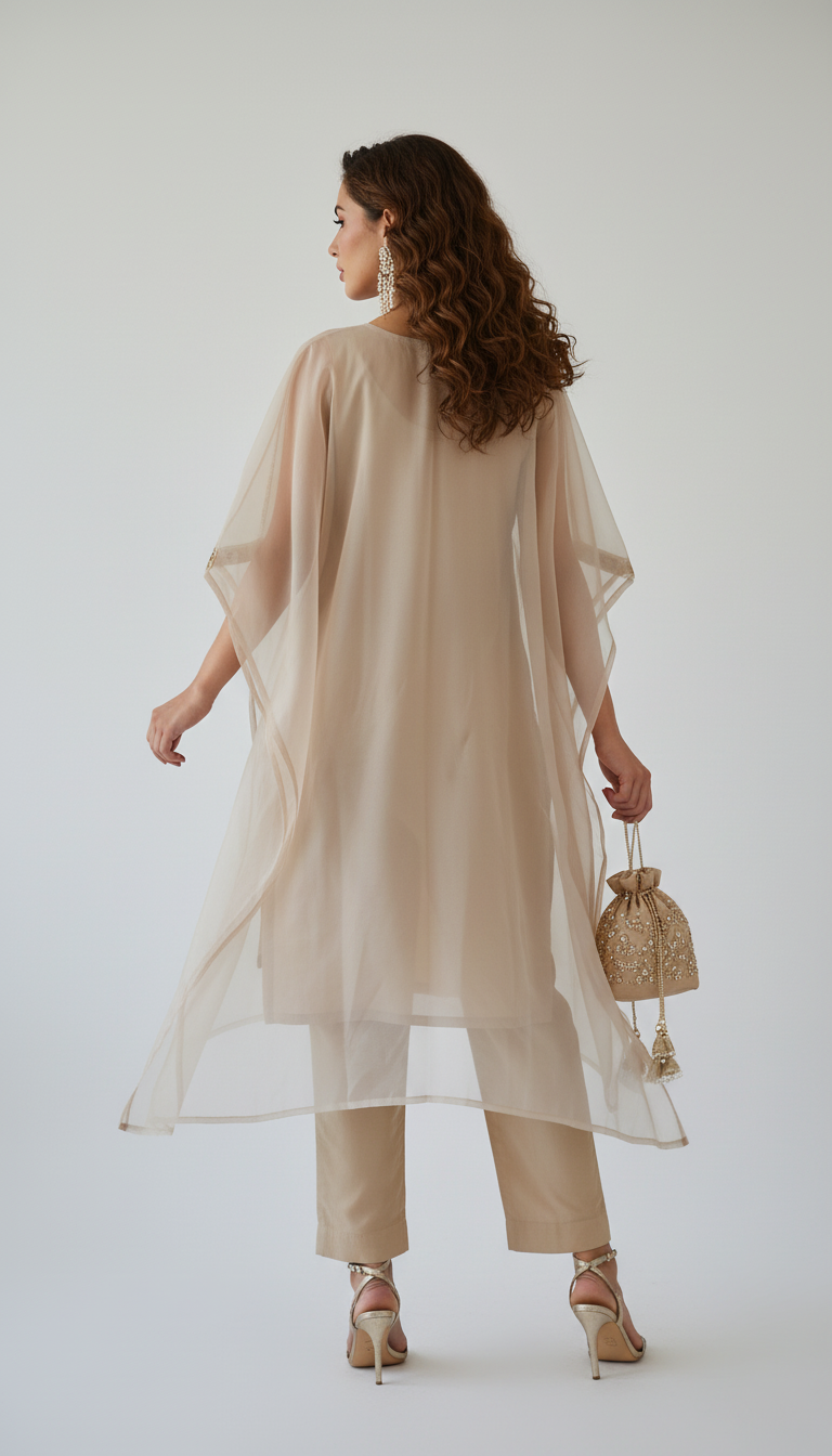 Champagne  Hand embroidered Kaftan Set with Straight Pants and Dupatta