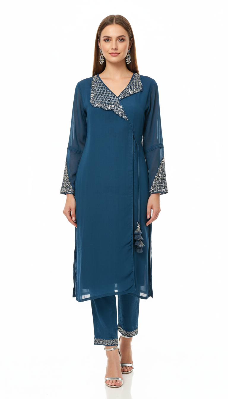 Teal Angrakha-Style Suit Set with Silver Embellishment