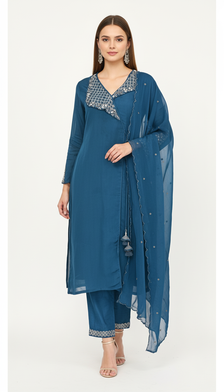 Teal Angrakha-Style Suit Set with Silver Embellishment