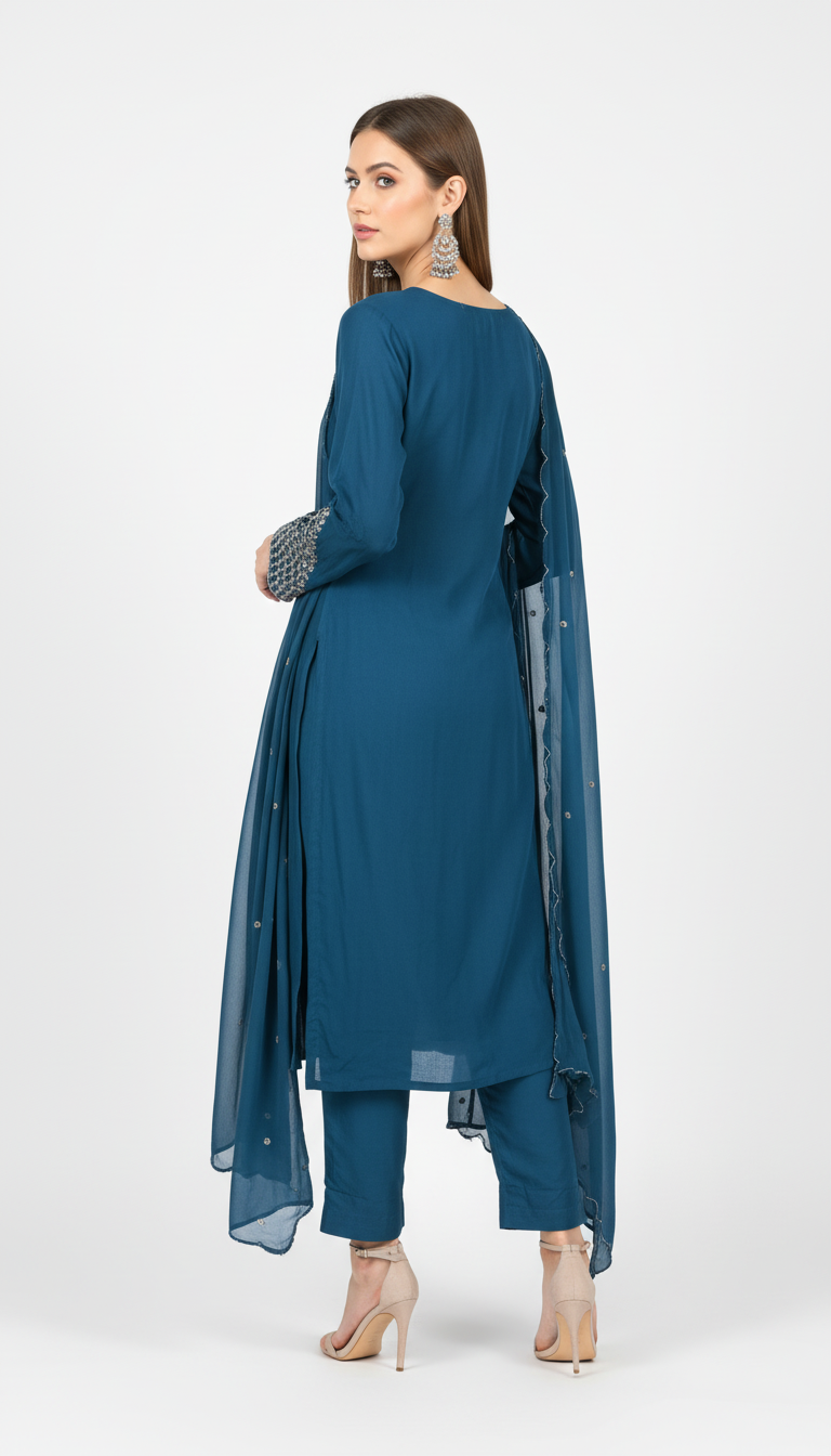 Teal Angrakha-Style Suit Set with Silver Embellishment