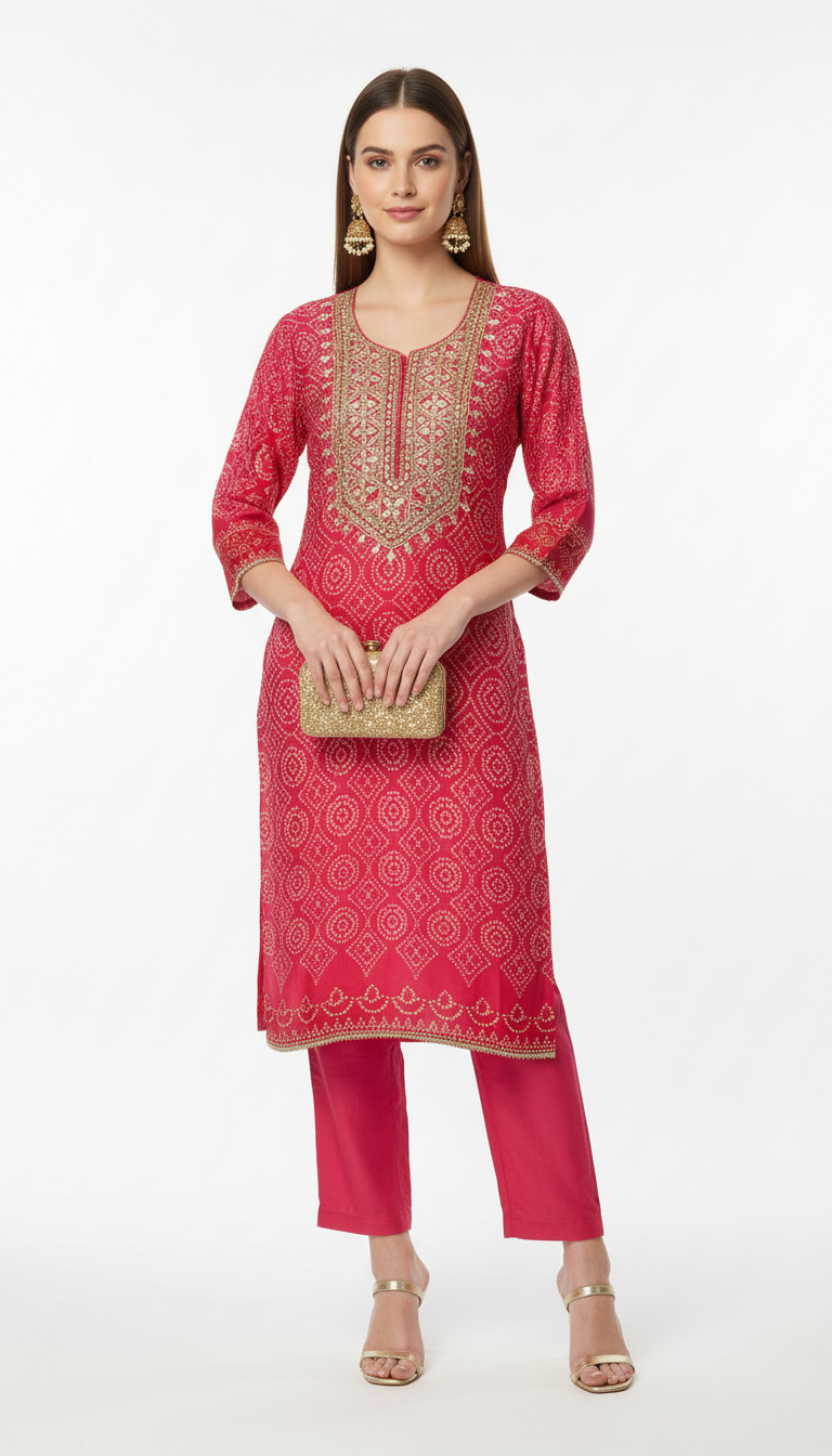 Traditional Bandhani Print Straight Kurta Set with Dupatta