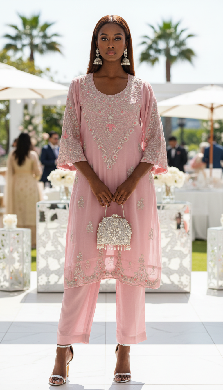 Festive Rose Pink Shimmer Suit Set with Intricate Embroidery