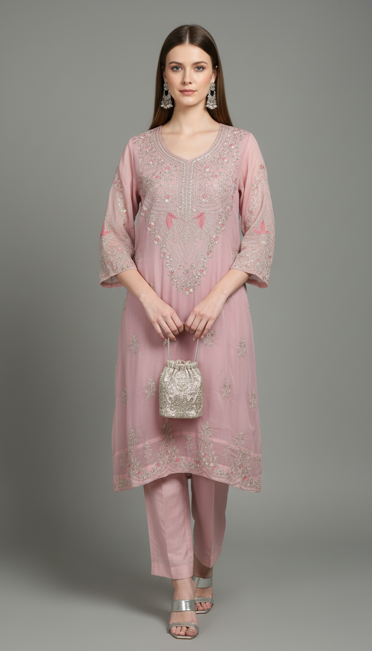 Festive Rose Pink Shimmer Suit Set with Intricate Embroidery