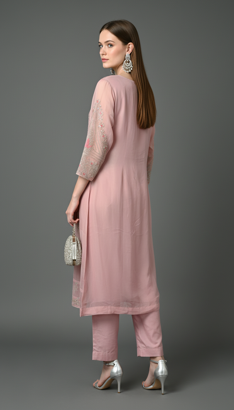 Festive Rose Pink Shimmer Suit Set with Intricate Embroidery