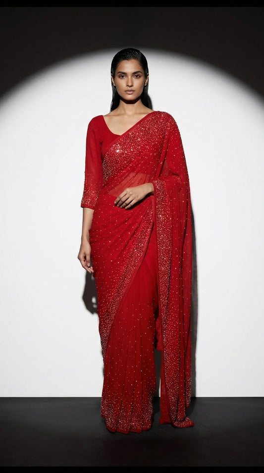 Crimson Starlight Hand-Embellished Georgette Saree