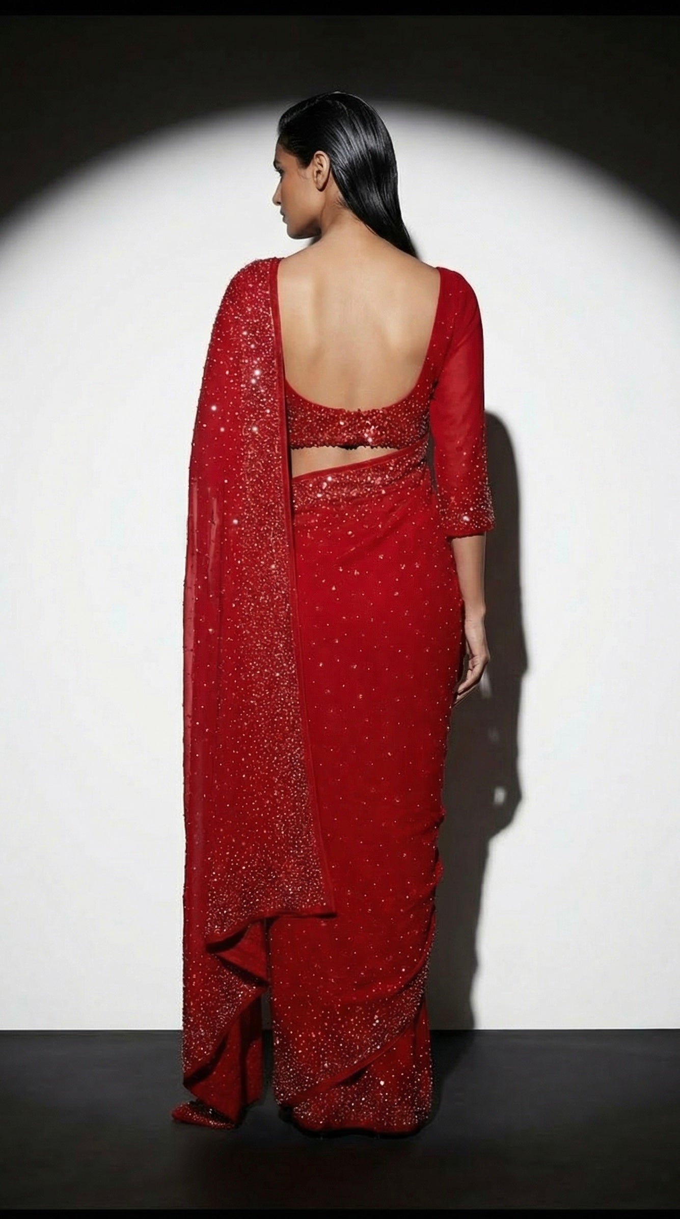 Crimson Starlight Hand-Embellished Georgette Saree