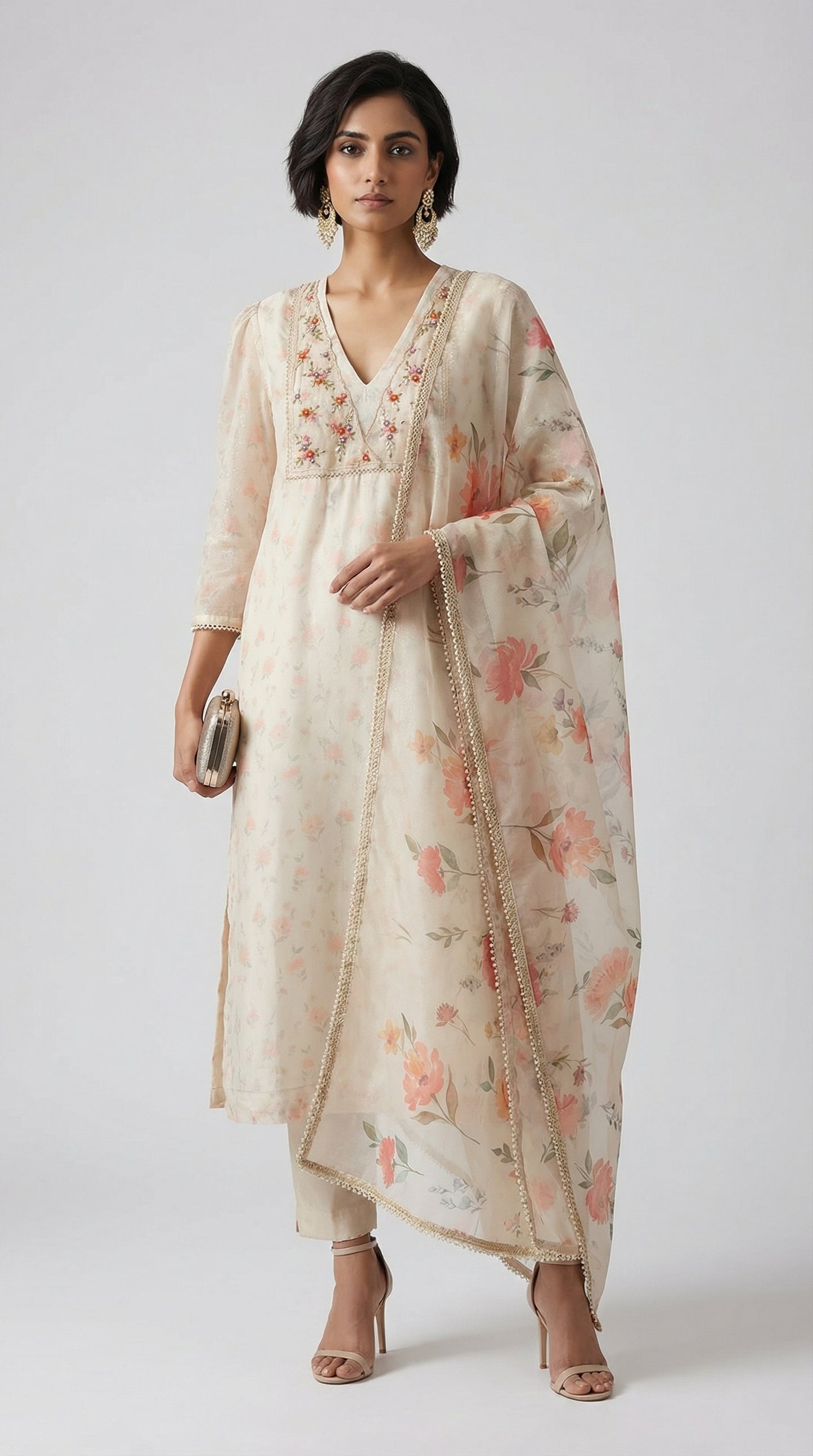 Ivory Pearl Floral Shimmer Kurta Set