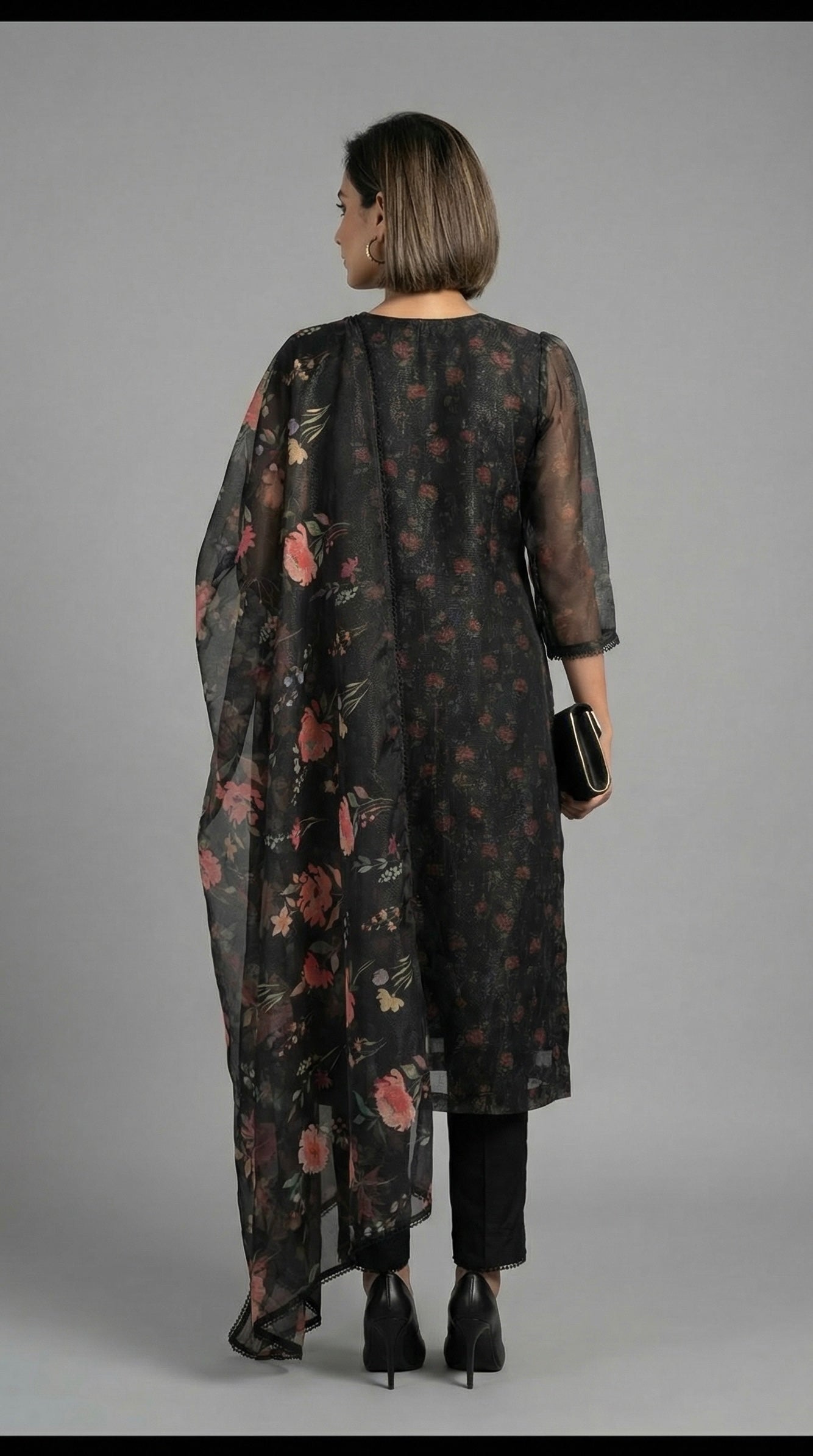 Midnight Bloom Digital Print Shimmer Kurta Set