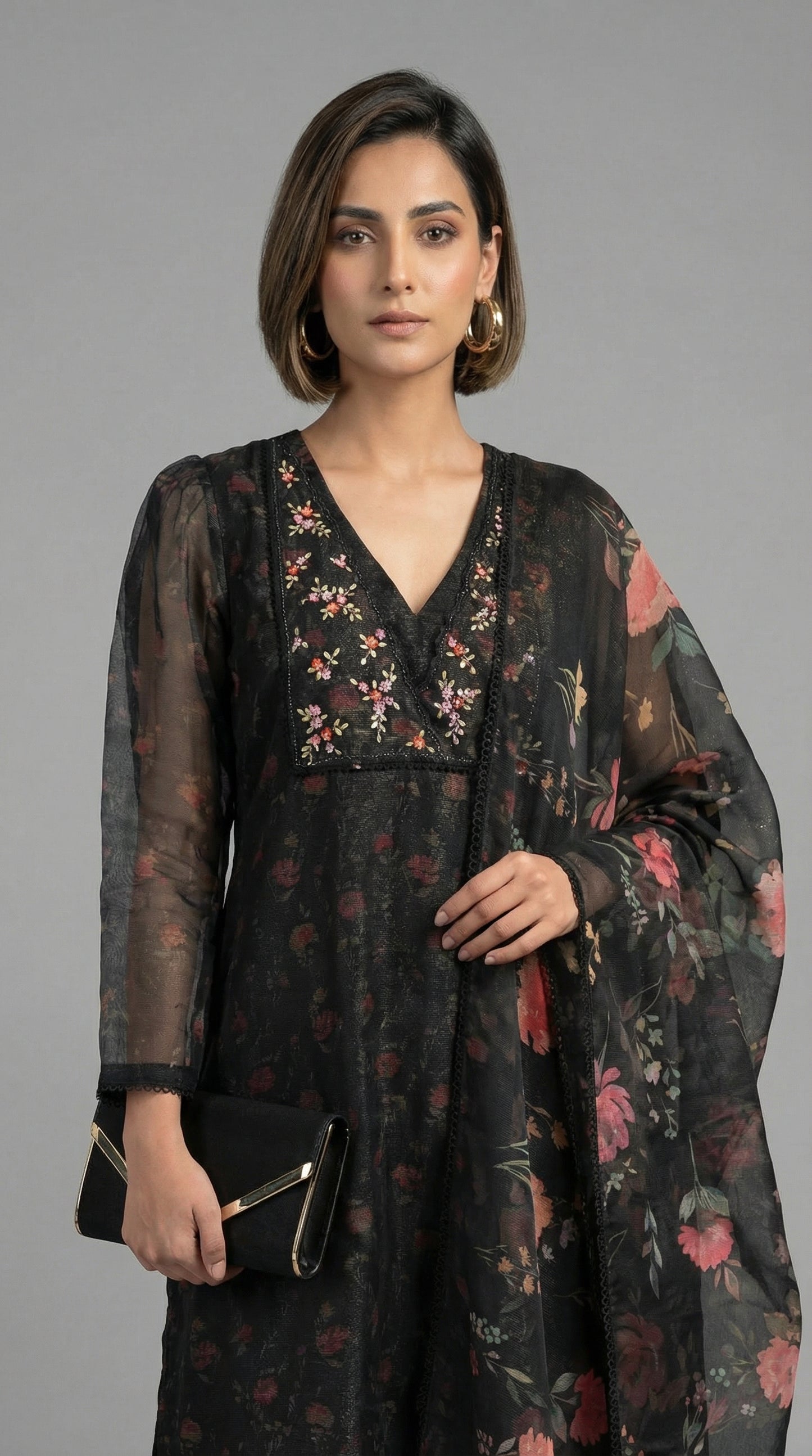 Midnight Bloom Digital Print Shimmer Kurta Set