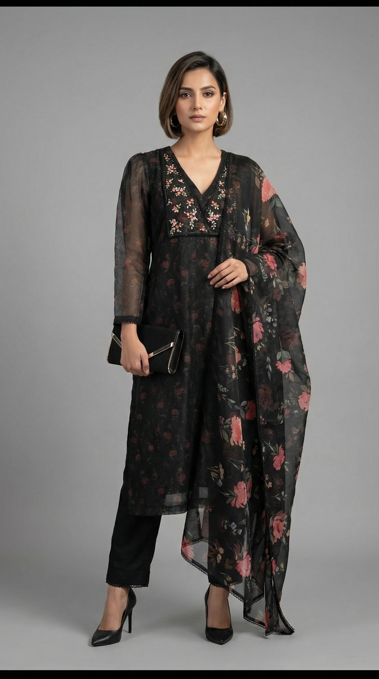 Midnight Bloom Digital Print Shimmer Kurta Set