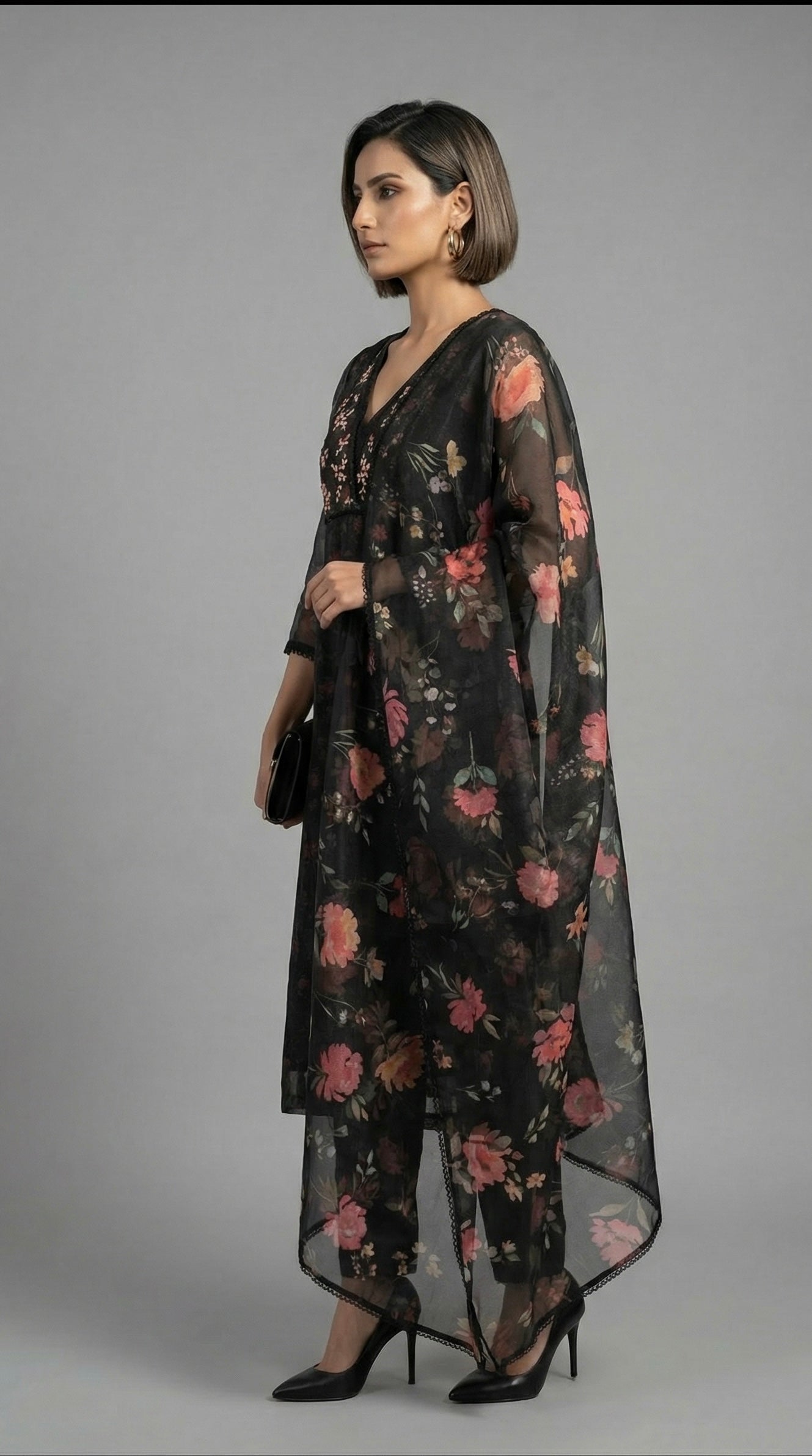 Midnight Bloom Digital Print Shimmer Kurta Set