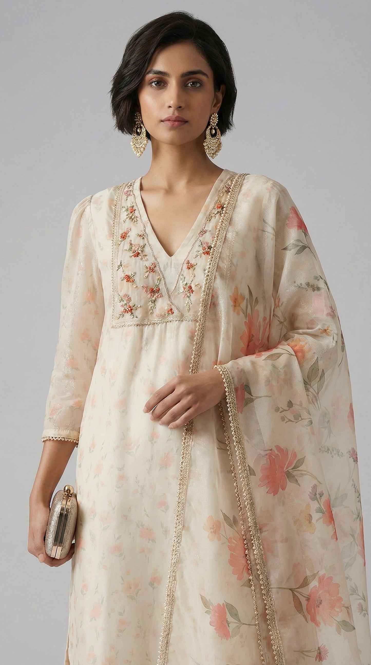 Ivory Pearl Floral Shimmer Kurta Set
