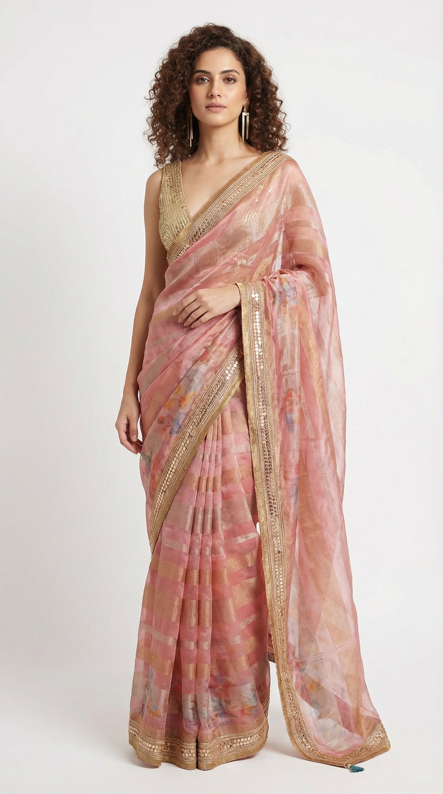 Blush Pink Striped Tissue Saree with Floral Digital Accents