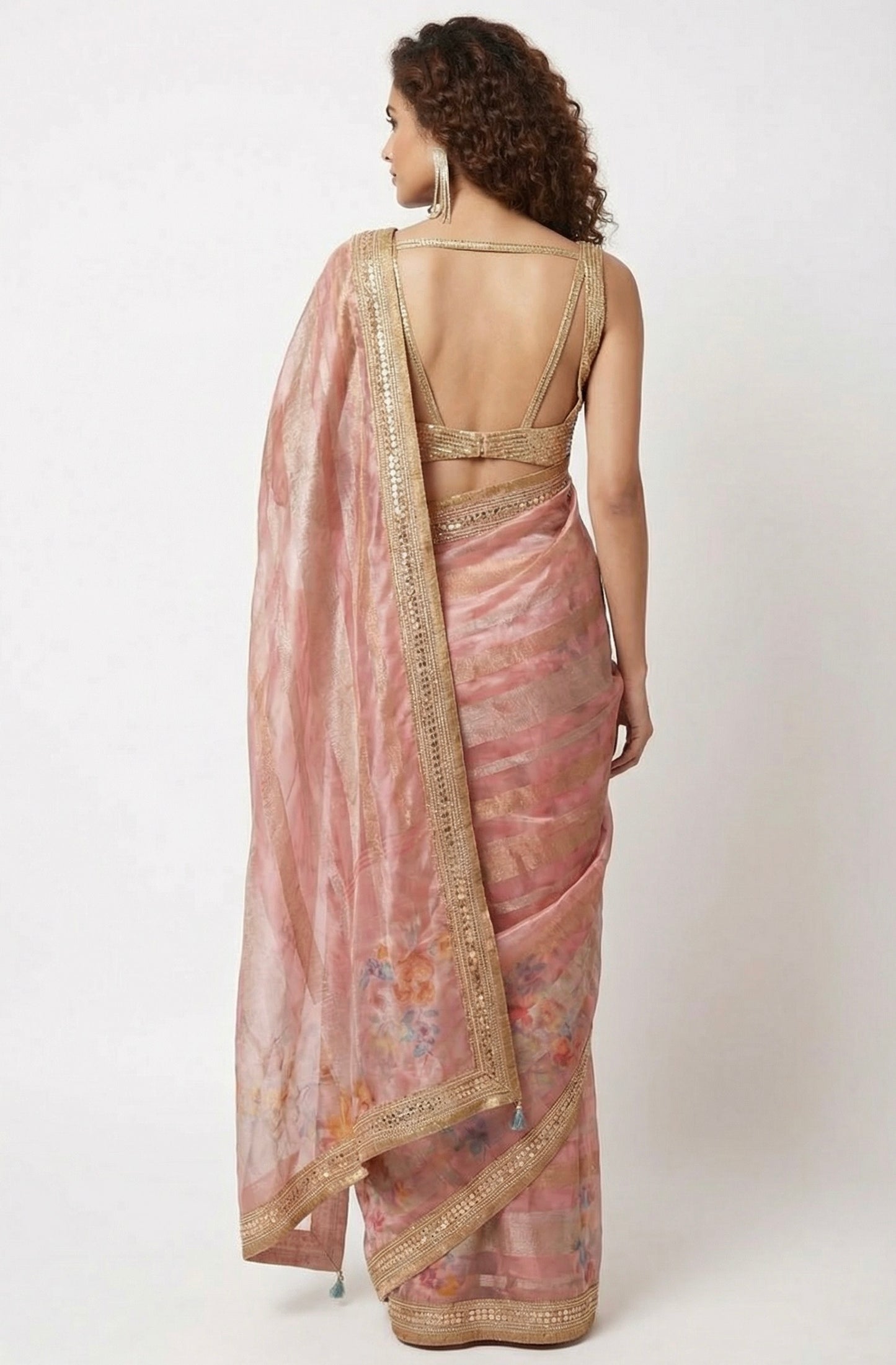 Blush Pink Striped Tissue Saree with Floral Digital Accents